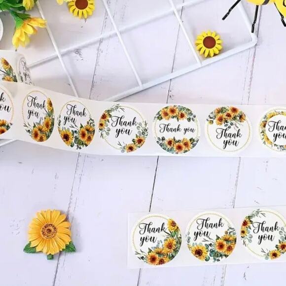 New 500 Piece Roll Self-Adhesive Sunflower Thank You Stickers - 8 Designs - Picture 3 of 3